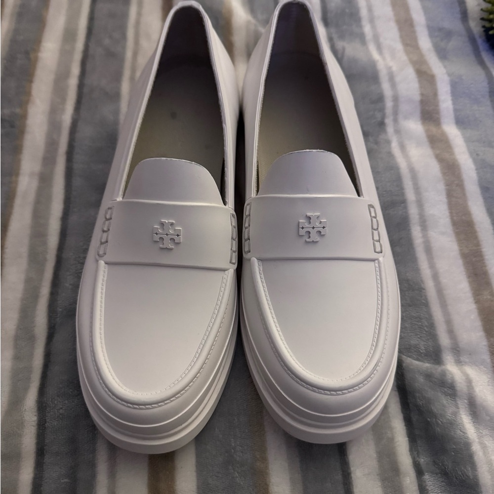 Tory Burch White RAIN Penny Loafers